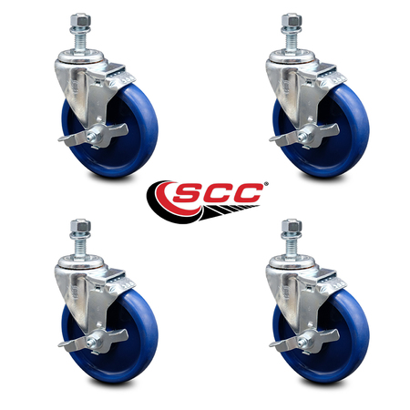 Service Caster 5 Inch Solid Polyurethane Swivel 3/8 Inch Threaded Stem Caster Set with Brake SCC-TS20S514-SPUS-TLB-381615-4
